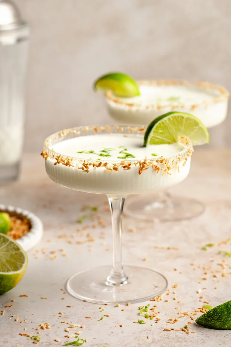 Coconut Margarita serveret i et glas med kokosflager på kanten – en cremet og eksotisk cocktail.